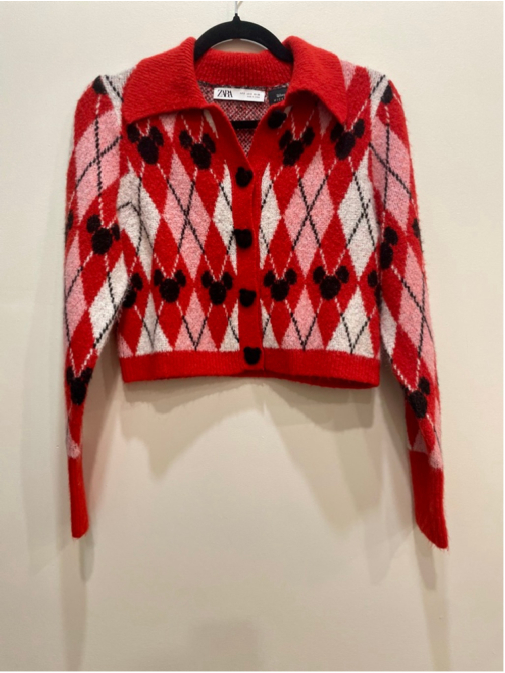 ZARA Disney Mickey Mouse Red Argyle Cardigan Women Small Preppy Twee